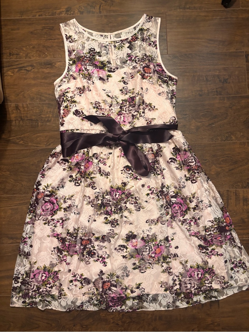 Adrianna Papell Pink Purple Floral Lace Cocktail Dress with Purple Satin Bow